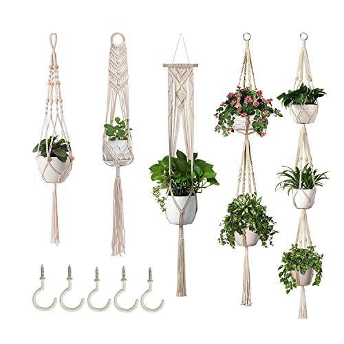 LOT DE 5 POTS DE FLEURS SUSPENDUS EN MACRAMÉ - DÉCORATION MURALE ALLUR_0