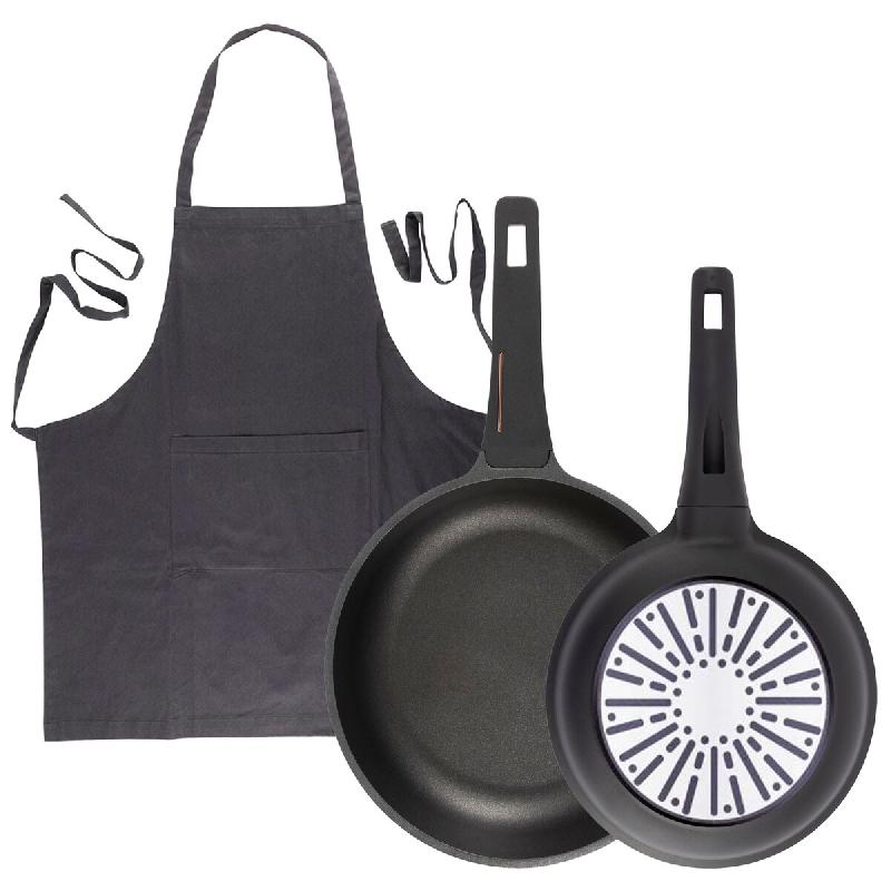 BERGNER - Jeu de 2 Poêles Ø24/Ø28cm en Aluminium moulé avec poignée en bakélite et Tablier de Cuisine Gris Foncé 100% Coton 75x80cm - PK9817_0