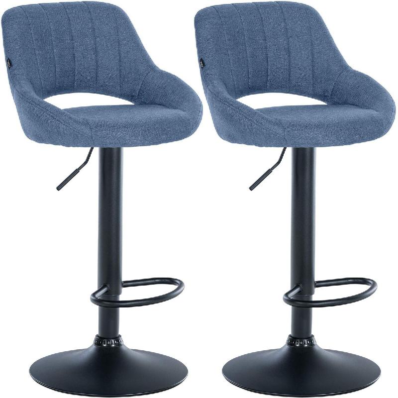 Décoshop26 - Lot de 2 tabourets de bar réglables en tissu bleu dossier ajouré et pied métal noir 10_0006573 - bleu métal 3000265646019_0