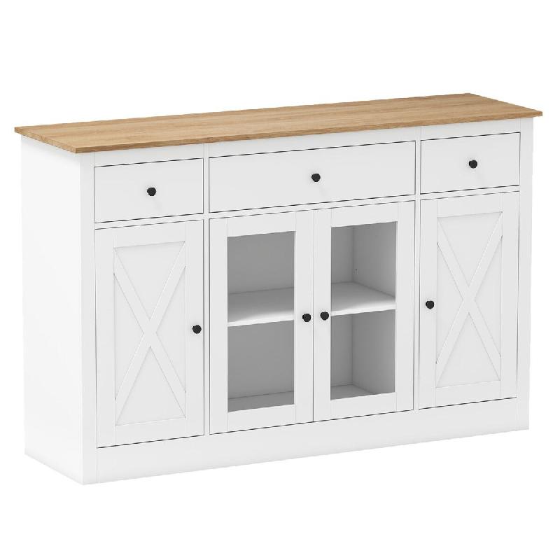 Helloshop26 - Buffet 140 cm avec 3 tiroirs et 3 armoires vitrée pour salle à manger moderne en MDF blanc et naturel 20_0018925 - blanc Bois manufact_0