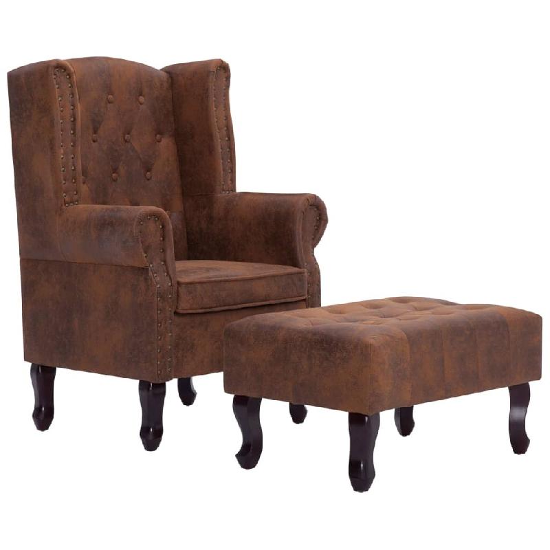 Helloshop26 - Fauteuil chaise siège lounge design club sofa salon chesterfield et repose-pieds marron synthétique daim 1102228/3 - marron Bois massi_0