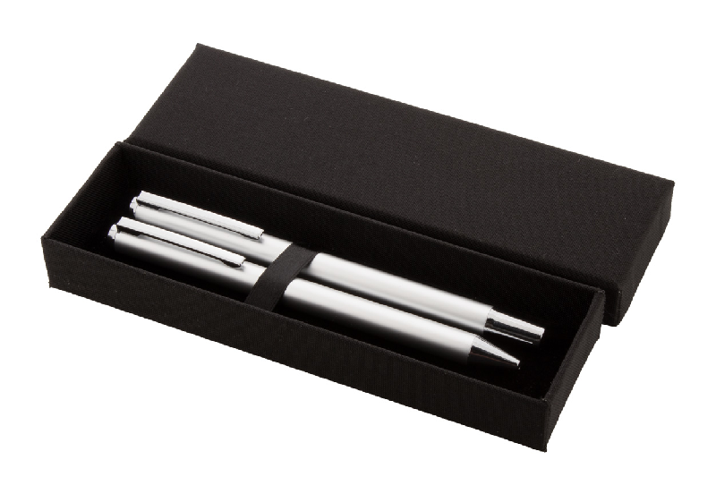 Parure stylos - aluminium recyclé - roller et stylo à bille - étui cadeau en papier noir - encre bleue_0