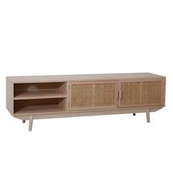 SalesFever Meuble bas TV avec façade en rotin | 2 portes, 2 compartiments ouverts | Corps MDF | Pieds en bois de paulownia | L150xP36xH45cm |nature -_0