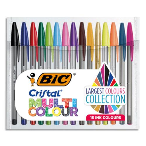 STYLOS BILLE BIC CRISTAL MULTICOLOR - POINTE LARGE + MEDIUM - COLORIS ASSORTIS CLASSIQUES + FANTAISIE - PACK DE 15