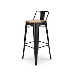 Kosmi Tabouret de bar en métal noir mat style industriel avec dossier et assise en bois clair - Hauteur 76 cm - noir multi-matériau 3760301691556_0