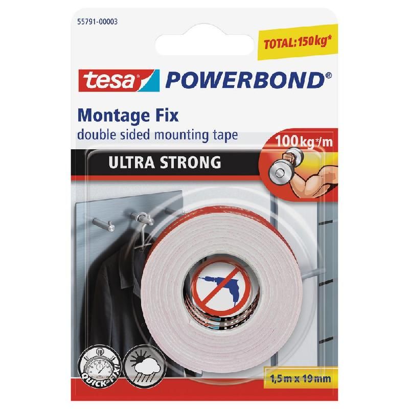 TESA® POWERBOND® ULTRA RÉSISTANT DOUBLE FACE ROULEAU DE FIXATION BLANC 19 MM X 1,5 M 55791