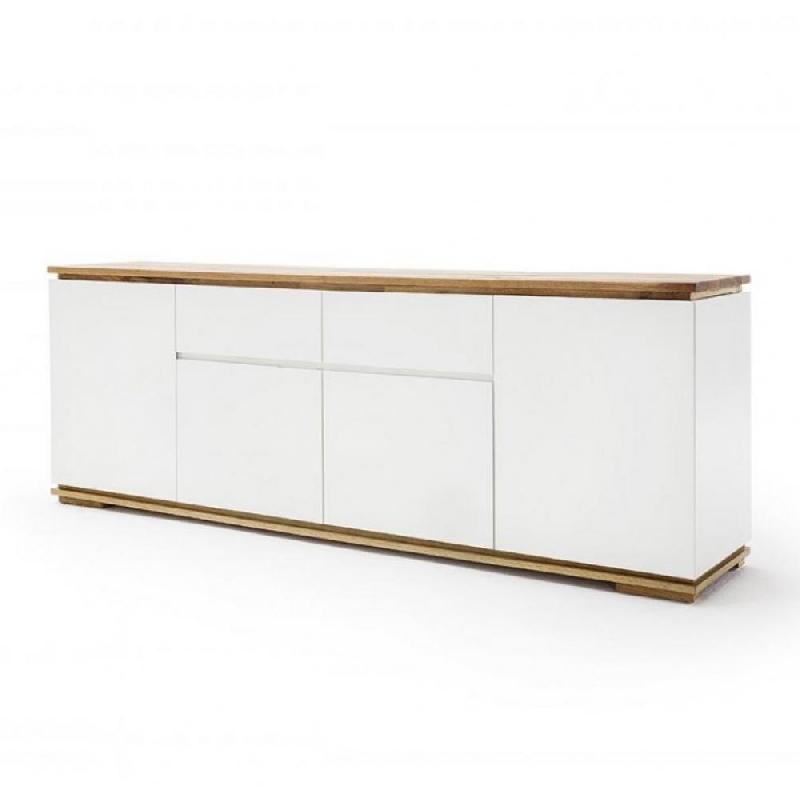 Buffet Charly 4 portes 2 tiroirs - Laqué blanc mat avec plateau et socle en chêne noueux_0