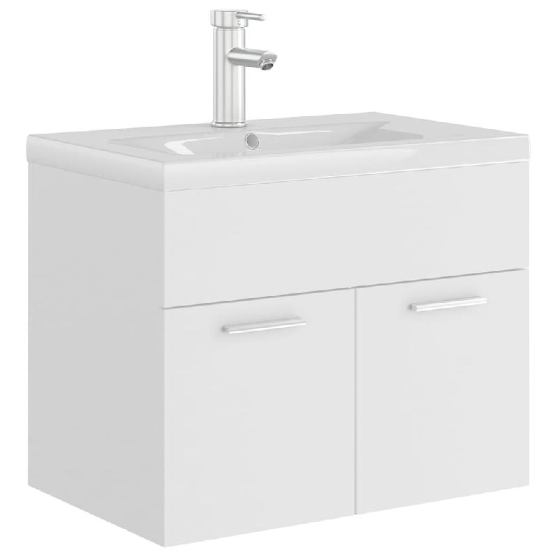 Armoire d'évier avec lavabo intégré - 60 x 38,5 x 46 cm - Aggloméré blanc - Avec robinet et égouttoir - Modèle 02_0006418_0