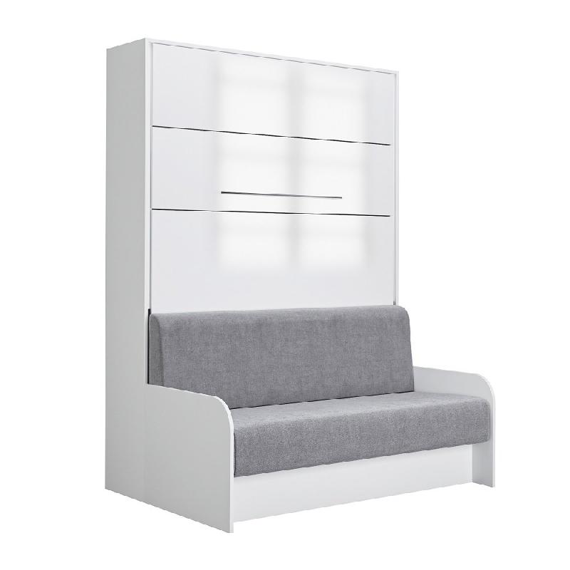 ARMOIRE LIT ESCAMOTABLE SOFA AUTOMATICA 140 CM FAÇADE LAQUÉE BLANC BRILLANT CANAPÉ MICROFIBRE GRIS_0