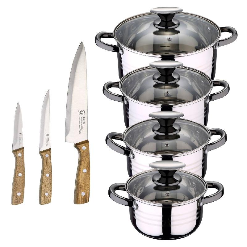 BERGNER - Batterie de cuisine DINA 8 pcs 16/18/20/24cm en acier inoxydable compatible induction avec Set de 3 Couteaux en Acier Inoxydable - multi-mat_0