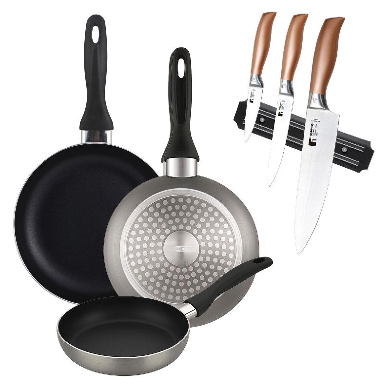 BERGNER - Set de 3 poêles Ø16/20/24cm en aluminium pressé gris métallisé avec jeu de 3 couteaux en acier inoxydable avec support magnétique - PK9896_0