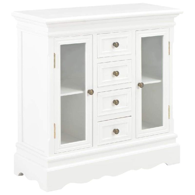 Buffet bahut armoire console - Meuble de rangement blanc 70 cm en bois de pin massif - 4 tiroirs et 2 portes en verre_0