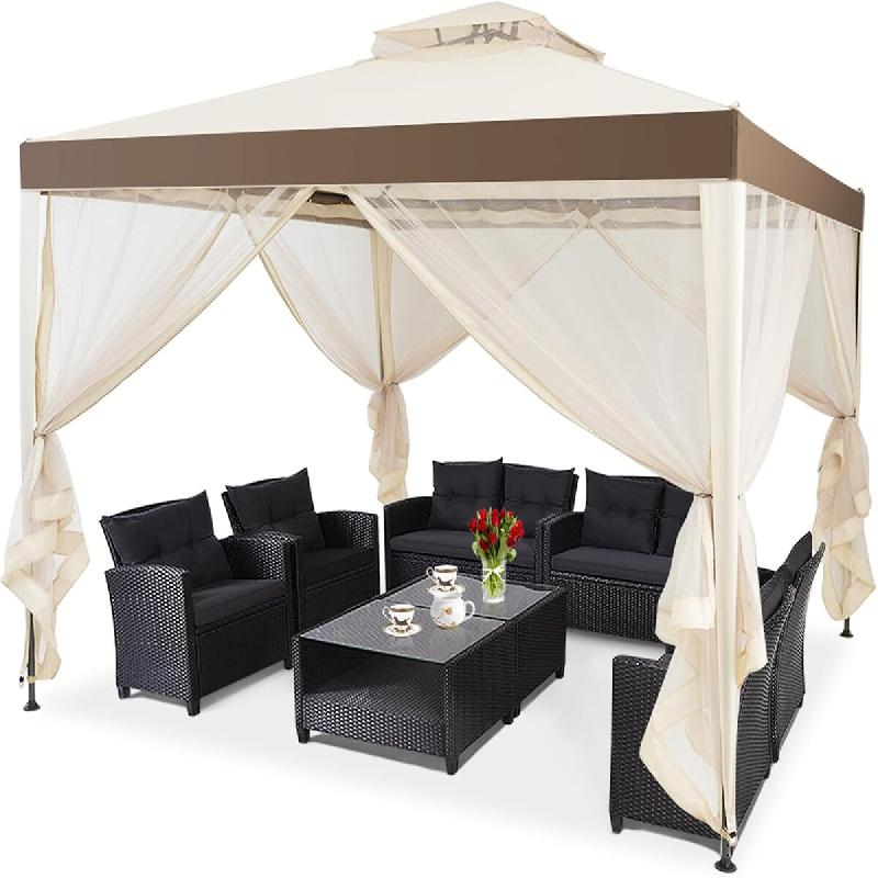 COSTWAY Pavillon de jardin tente avec 4 parois latérales, moustiquaire et fermeture éclair, tente de fête protection solaire 300x300x265cm beige -_0