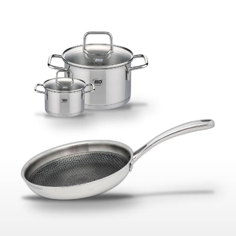 Lot Poêle 24cm & 2 Faitouts 12/20cm Elo Relief Evolution - gris inox 3176239954456_0