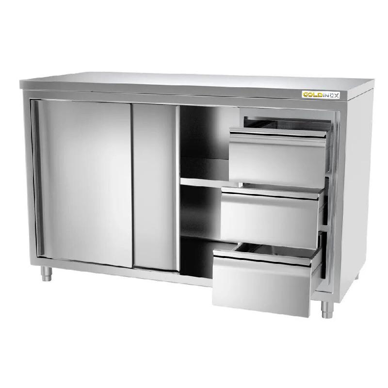 Meuble bas inox 1800x700 mm avec 3 tiroirs à droite PREMIUM - GOLDINOX - gris inox 3701770814688_0