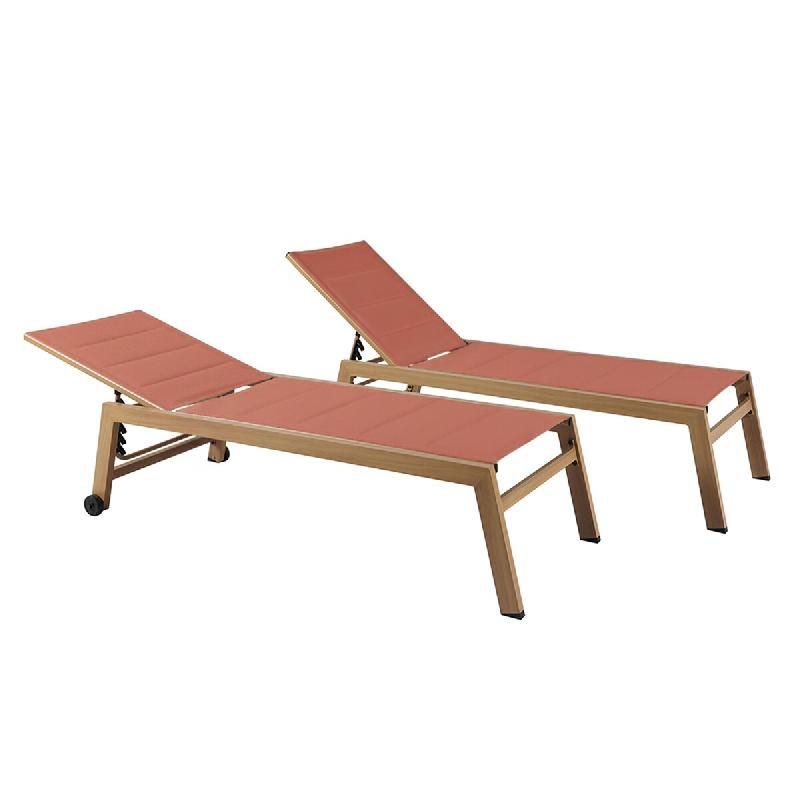 Oviala Business Lot de 2 bains de soleil effet bois inclinable avec roues terracotta - marron aluminium 115199_0