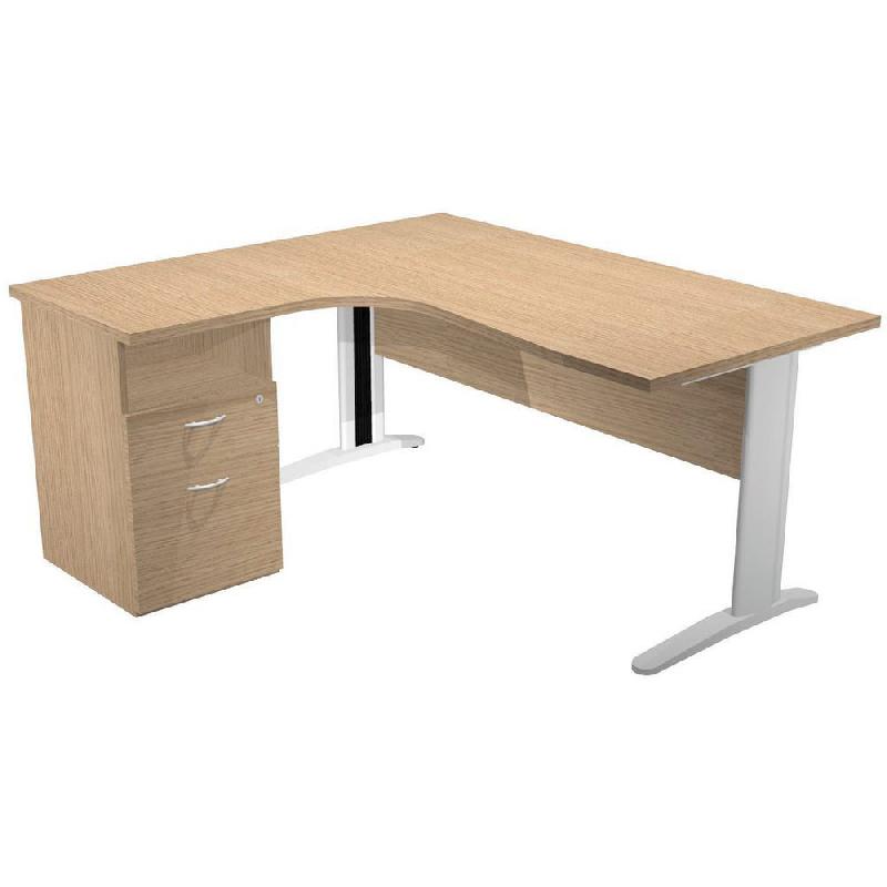 PACK PRONTO PRESTIGE - 1 BUREAU COMPACT RETOUR A GAUCHE - CHENE - PIEDS BLANCS - 1 CAISSON HAUTEUR BUREAU PROF. 60 CM