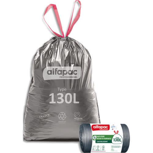 Alfapac - Boîte de 90 sacs poubelle à lien coulissant recyclés - 130L ultra résistant - Coloris argent/noir_0