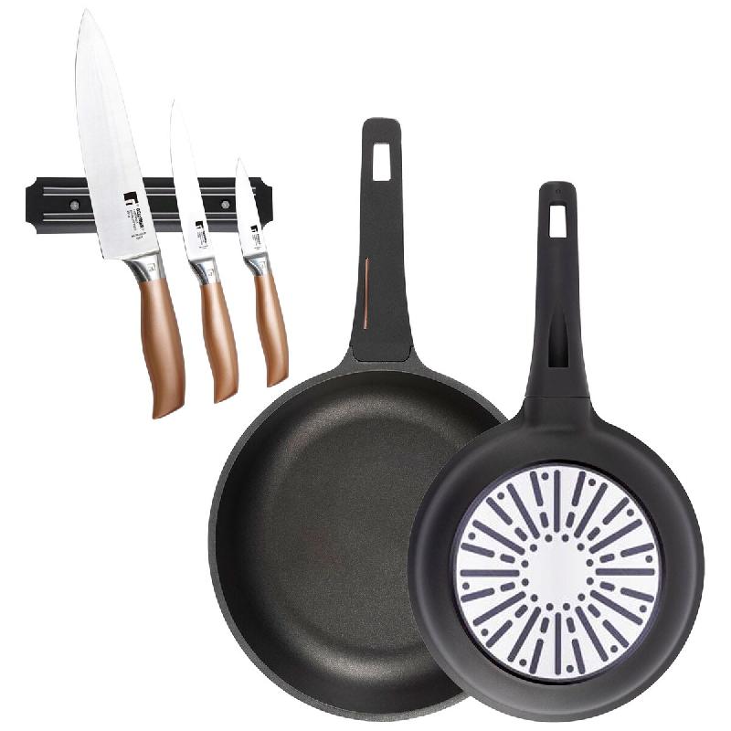 BERGNER - Jeu de 2 poêles Ø24/28cm en aluminium coulé avec manche en bakélite avec jeu de 3 couteaux en acier inoxydable avec support magnétique_0
