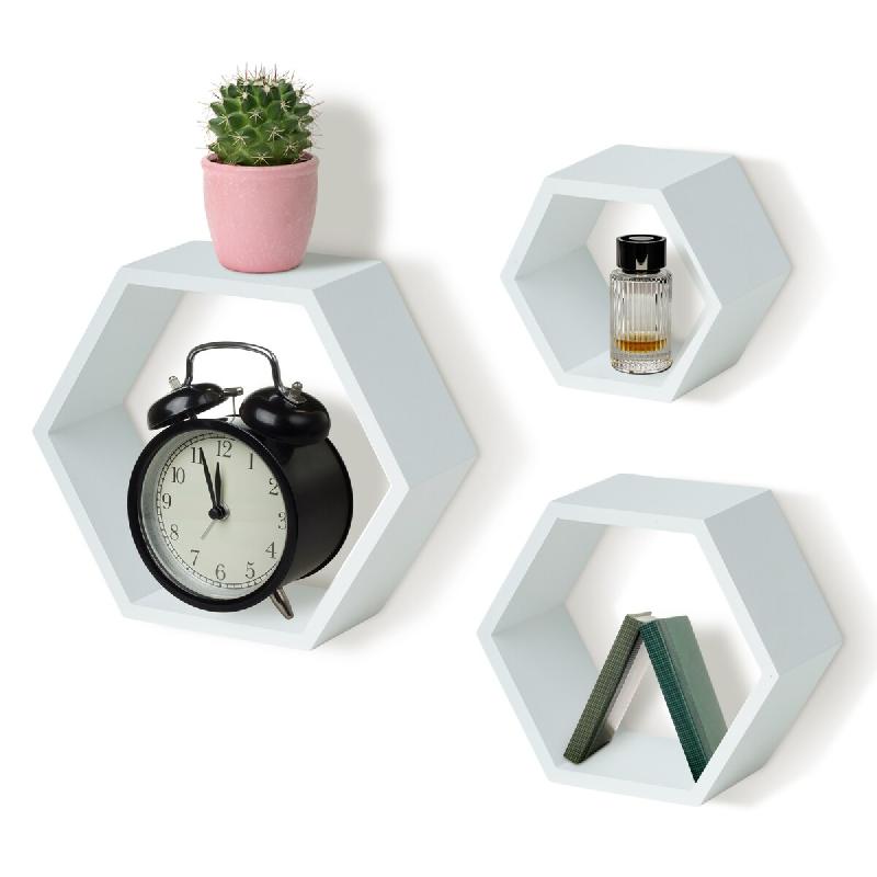 IvoQ Étagères murales Hexagone – Lot de 3 – Bois – Pin Blanc – Étagères murales flottantes – Fixations incluses - 8721335300161_0
