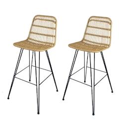 Kosmi Lot de 2 tabourets de bar style nature aspect rotin en résine tressée et pieds en métal noir - Hauteur 63cm - 3760301694878_0
