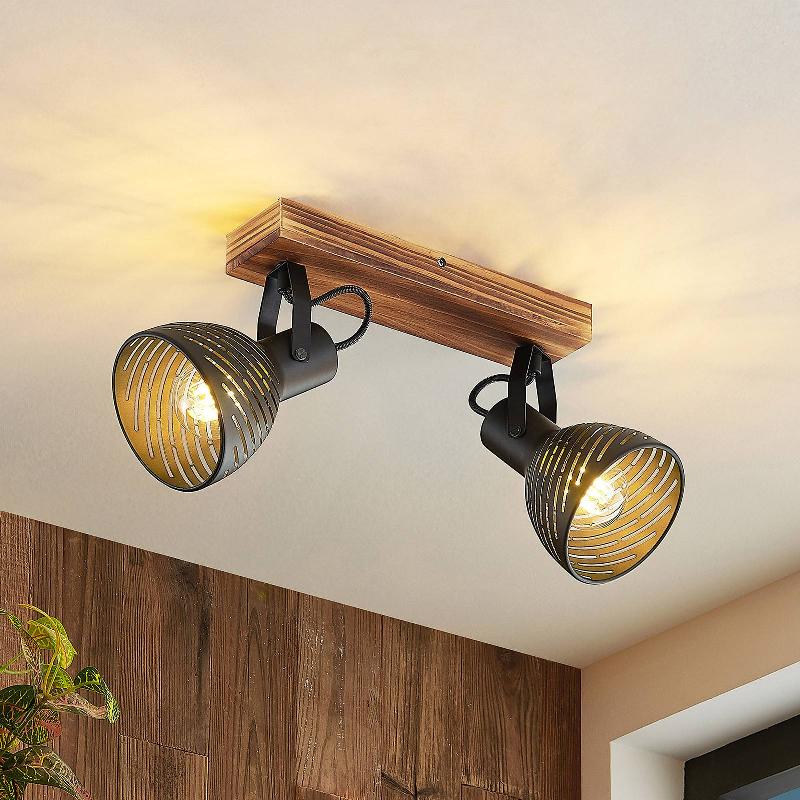 LINDBY RANISO PLAFONNIER AVEC SPOTS, BOIS DE CAOUTCHOUC, À 2 LAMPES