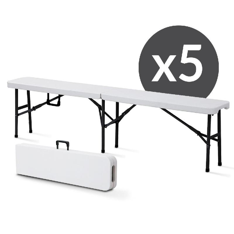 Lot de 5 bancs pliants 3 places - 180 cm PEHD - pliables, transportables avec poignée et compas autobloquants_0