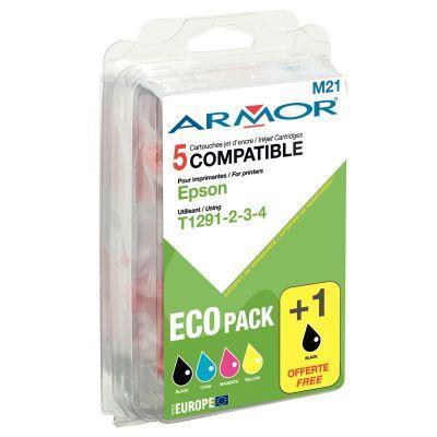 Pack de 5 cartouches d'encre compatibles Epson T129540 - Noir, Cyan, Magenta, Jaune + 1 Noir offert - Garantie 2 ans_0