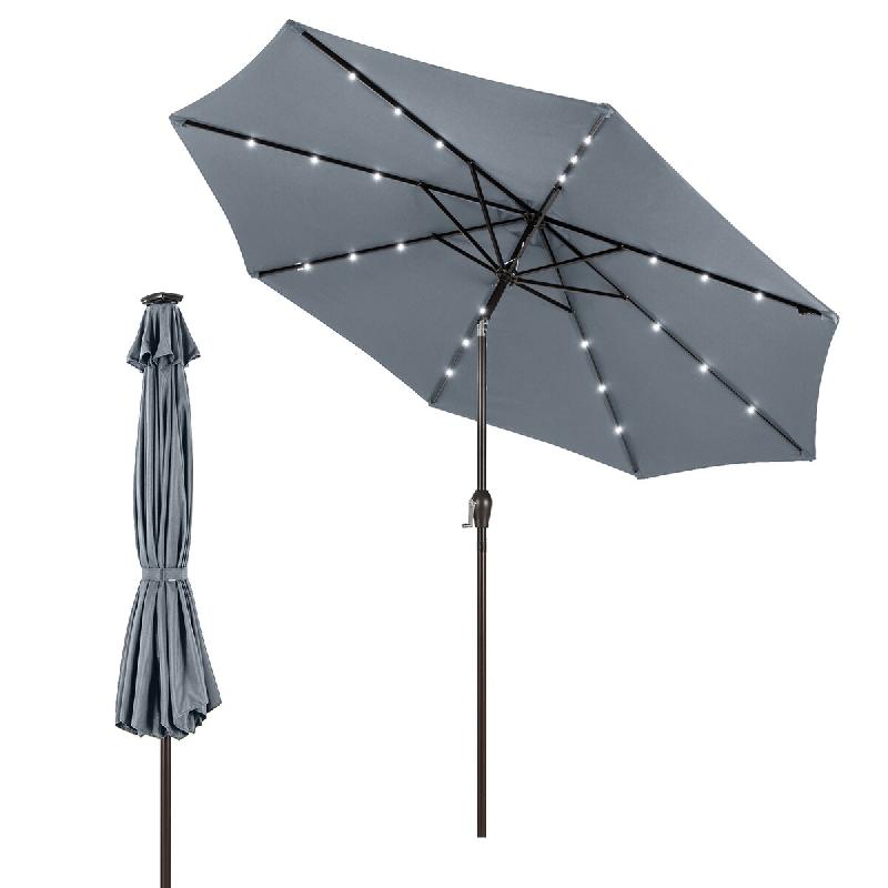 Parasol COSTWAY avec éclairage solaire LED, parasol de jardin à manivelle, inclinable à 30° des deux côtés, avec 8 baleines - gris métal ZB33616TE_0