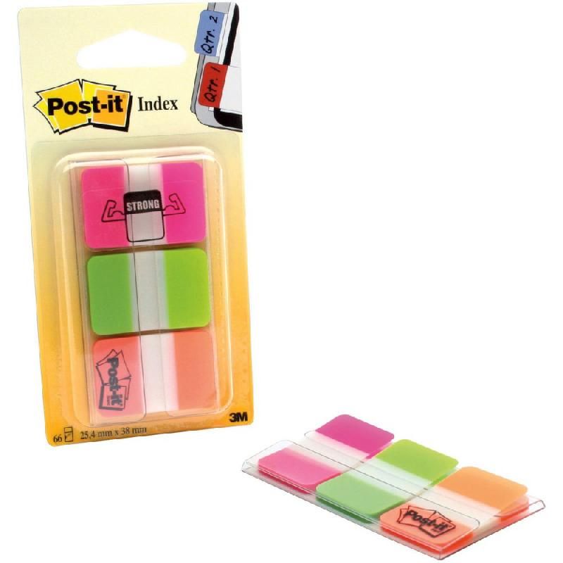 POST-IT® INDEX SOLIDES CLASSEMENT ONGLETS PETIT FORMAT 25,4 X 38 MM ASSORTIES COULEURS 3 X 22 PAQUET AVEC POCHETTE DISTRIBUTEUR 686-PGO-EU