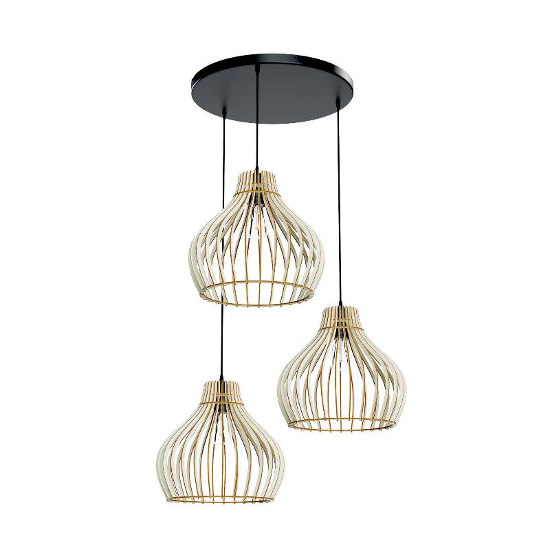 TEMAR LIGHTING SUSPENSION BARREL RONDE ABAT-JOUR EN BOIS 3 LAMPES