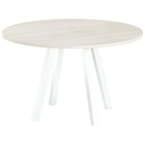 TABLE RÉUNION EVAN Ø 120 CM PIED BLANC PLATEAU STRAT ACACIA - MBA