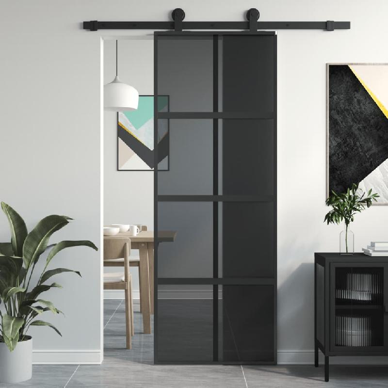 Vidaxl porte coulissante noir 76x205 cm verre trempé aluminium 155225_0