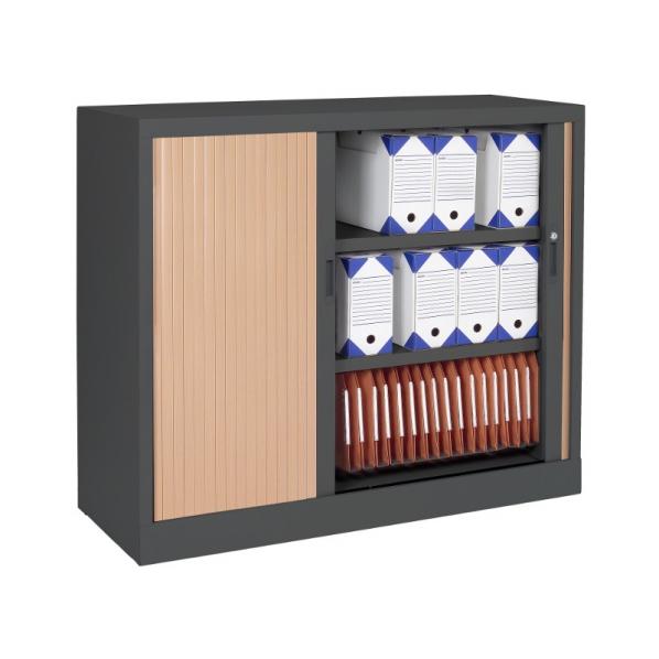 Armoire basse à rideaux - Corps noir - 3 étagères solides - Marque Rolléco_0