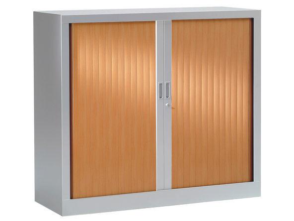 Armoire basse à rideaux bois 1200 x 430 x 1000 mm - Gris aluminium - Pommier de France - 2 étagères - Fabrication française_0