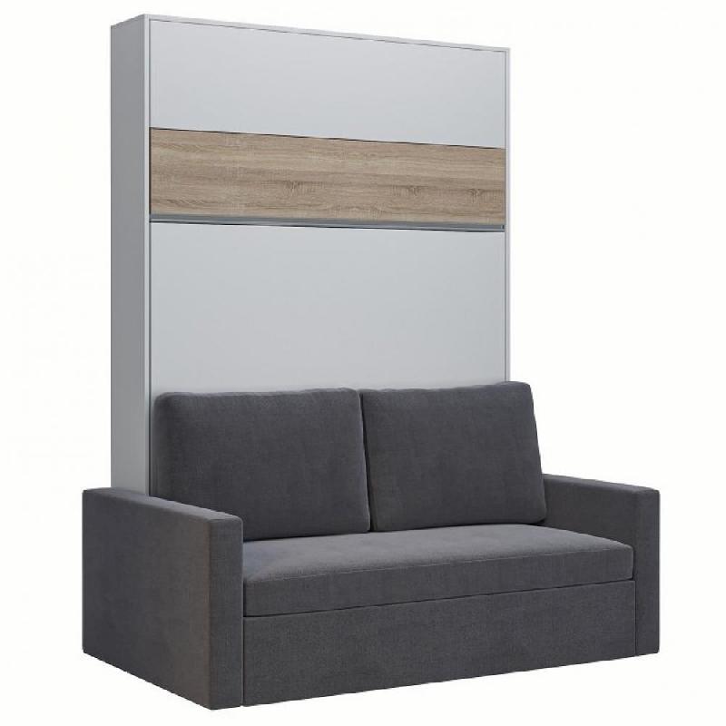 ARMOIRE LIT ESCAMOTABLE DJUKE SOFA BLANC BANDEAU CHÊNE CANAPÉ GRIS 140*200 CM_0