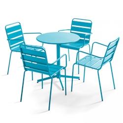Oviala Business Ensemble table de terrasse et 4 fauteuils métal bleu - Oviala - bleu acier 105413_0
