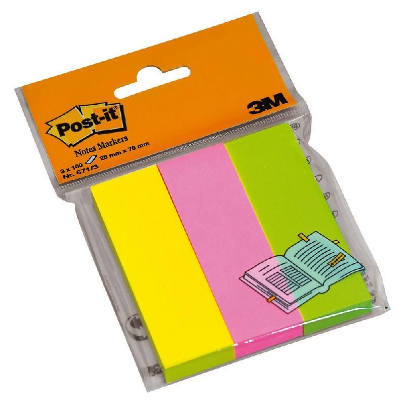 POST-IT® AUTOCOLLANTS TAILLE MOYENNE 25 X 76 MM ASSORTIES FLUO COULEURS 3 X 100 PAQUET 671-3 (PRIX À L'UNITÉ)
