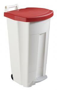 Poubelle publique 90L mobile à pédale en plastique rouge - Référence 56705 - avec tringlerie inox et poignée de transport_0