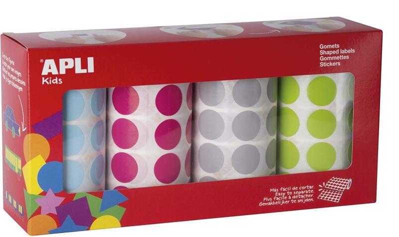 Apli Pack de 4 x 1770 gommettes rondes, diam. 20 mm, en rouleau, coloris assortis - 8410782176855_0