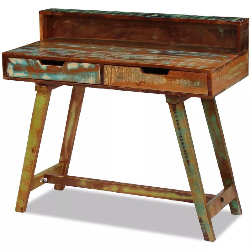Bureau en bois de récupération massif - style rétro avec 2 tiroirs - Multicolore - 100x45x90 cm_0