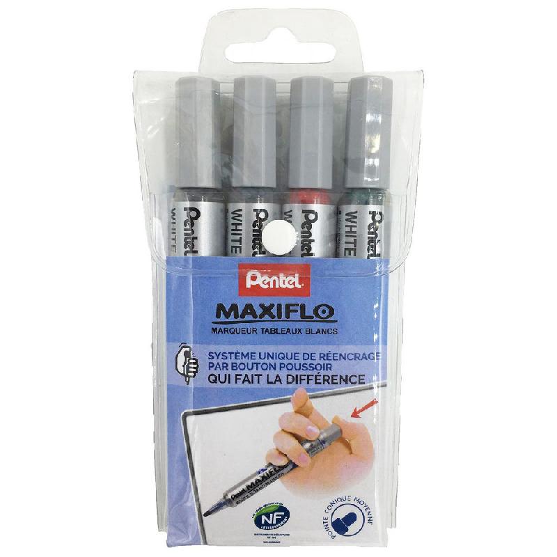 MARQUEUR PENTEL MAXIFLO POUR TABLEAU BLANC - POINTE FINE OGIVE - LARGEUR DE TRAIT 1,1 MM -  COULEURS ASSORTIES - LOT DE 4