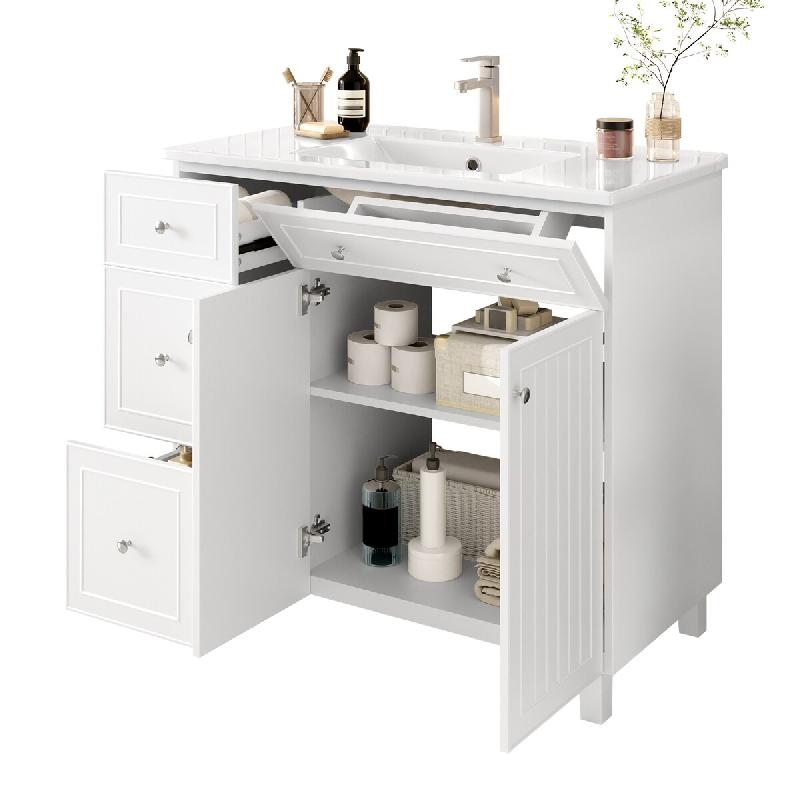 Merax Meuble sous-vasque 91,5 x 46,5 x 89 cm avec lavabo en céramique, 4 tiroirs, portes à fermeture amortie et étagères réglables, blanc - blanc_0