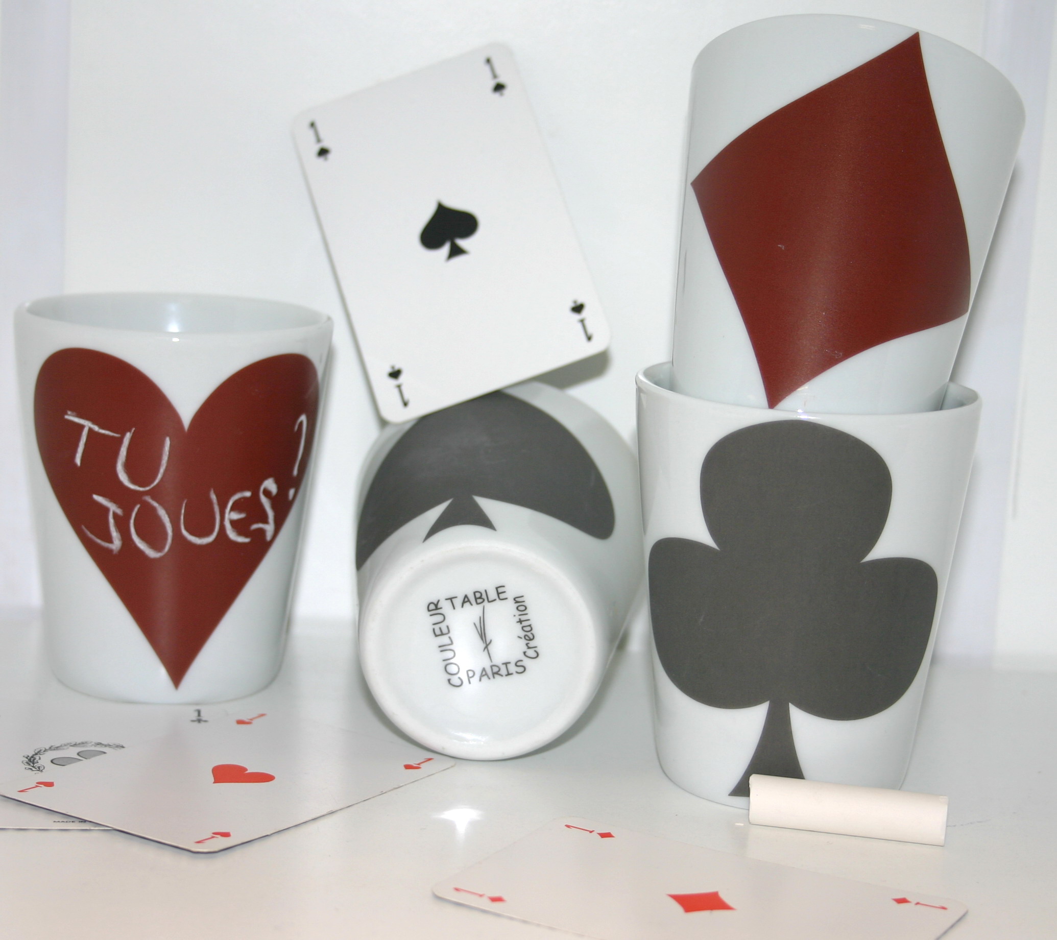 Verres à thé - lot de 4 chupitos Poker - texture ardoise rouge ou noire avec craie fournie_0