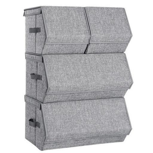 Boîtes de rangement - Lot de 4 coffres empilables avec couvercle, cadre métallique et fermeture magnétique - Pour vêtements, livres et jouets - Gris 12_0003379_0
