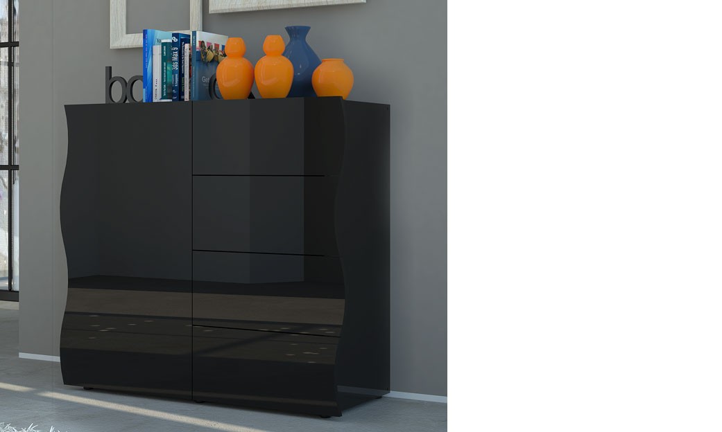 Buffet design noir laqué brillant - 1 porte et 4 tiroirs - PANGO 2 - Fabrication italienne - L 90 x P 40 x H 81,2 cm_0