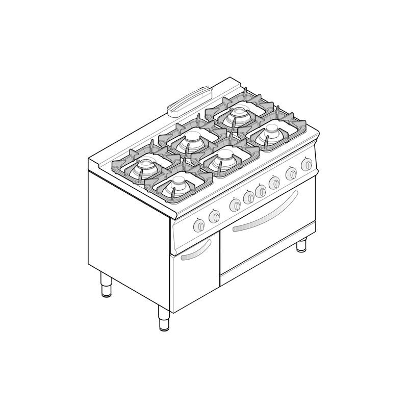 Fourneau professionnel 6 feux gaz sur four électrique statique GN2/1 avec placard - Gamme 700 - PFG12G7_0