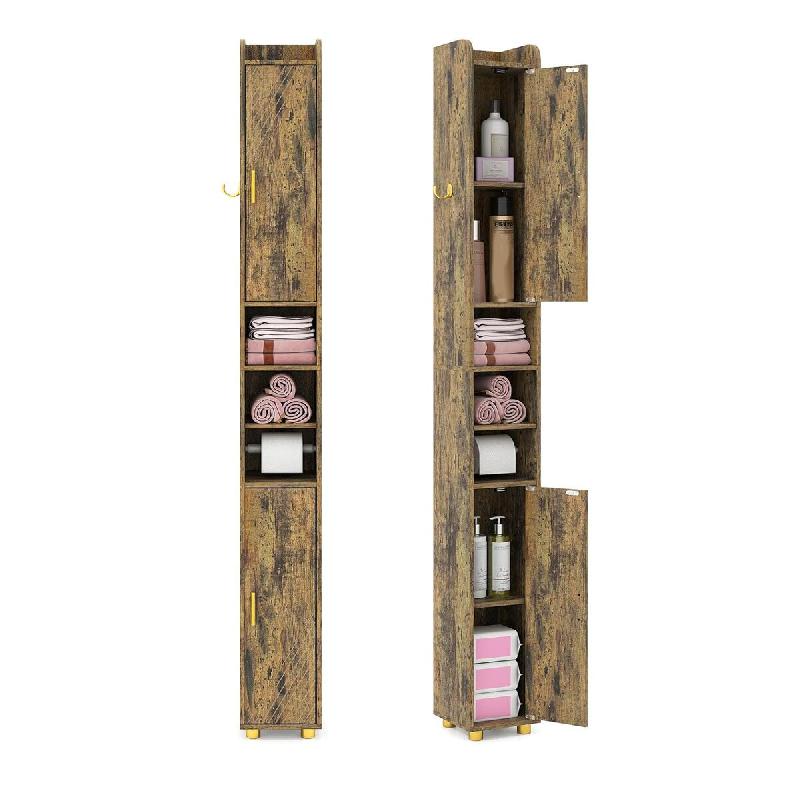 Helloshop26 - Armoire de salle de bain étroite 20 x 20 x 179 cm avec 2 étagères réglables et crochet latéral en mdf café 20_0010284 - 3000226095078_0