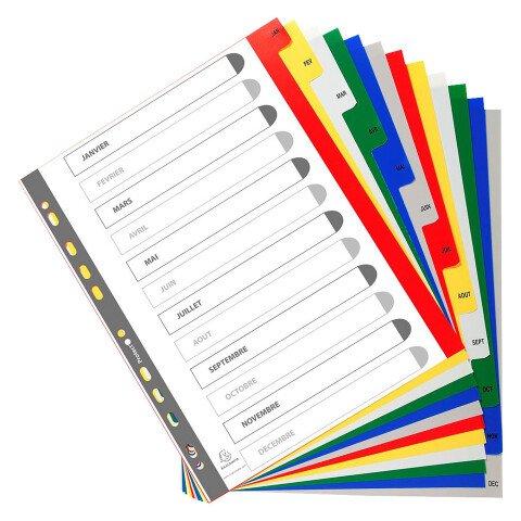 LOT DE 2 - INTERCALAIRE A4+ POLYPROPYLÈNE COULEUR EXACOMPTA 12 ONGLETS MENSUELS MULTICOLORES - 1 JEU