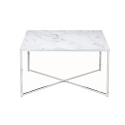 SalesFever Table basse carrée | Plaque de verre revêtue d'une feuille d'aluminium aspect marbre | Cadre en métal | L80 x P80 x H45 cm |blanc-chrome_0